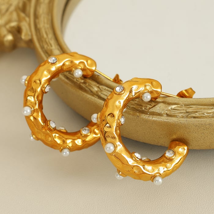 1 Paar Creolen aus der luxuriösen Retro-Serie mit geometrischem Design aus Edelstahl mit 18 Karat Vergoldung und Strasssteinen für Damen